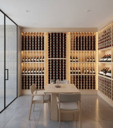 Modern wine cellar with illuminated shelves and a dining table.