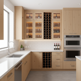 Modern kitchen with wooden cabinets, wine rack, and stainless steel appliances.