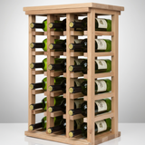 Wooden wine rack with bottles of wine on a white background