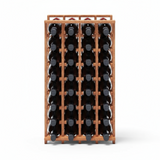 Wooden wine rack with 18 bottles on a white background