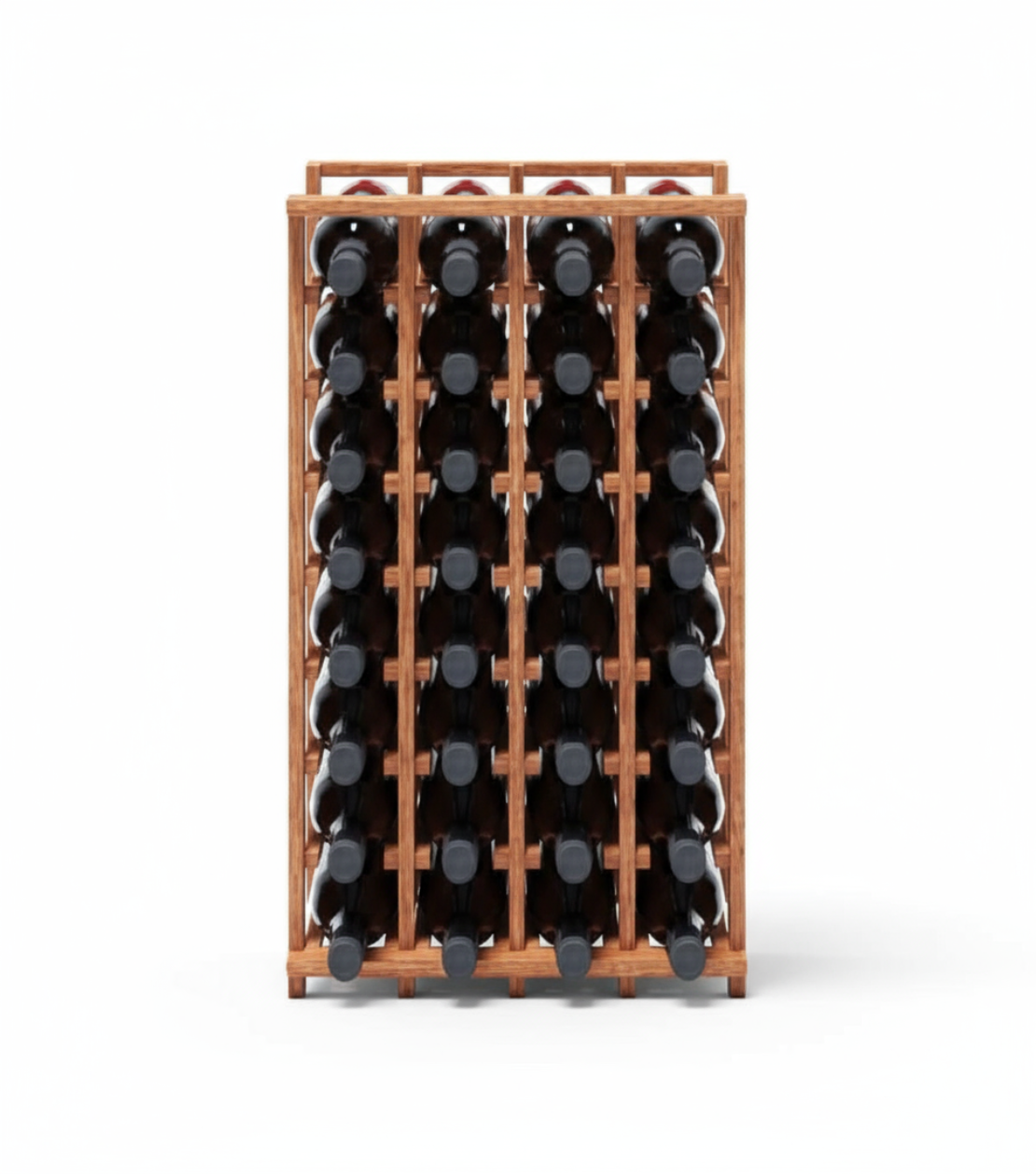 Wooden wine rack with 18 bottles on a white background
