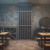 Wine cellar with wooden wine racks and stone walls