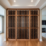Wooden wine rack filled with bottles in a room with a fireplace and television.