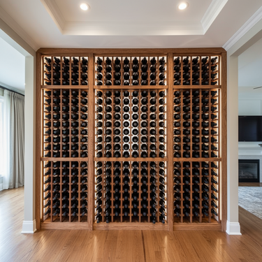Wooden wine rack filled with bottles in a room with a fireplace and television.