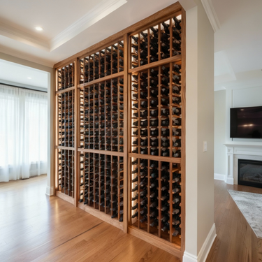 Wooden wine rack filled with bottles in a room with a fireplace and television.