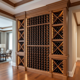 Wooden wine rack with bottles in a room with wooden flooring and a lamp.