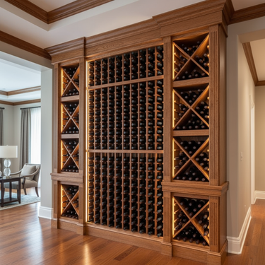 Wooden wine rack with bottles in a room with wooden flooring and a lamp.