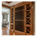 Wooden wine rack filled with bottles in a room with a couch and lamp.