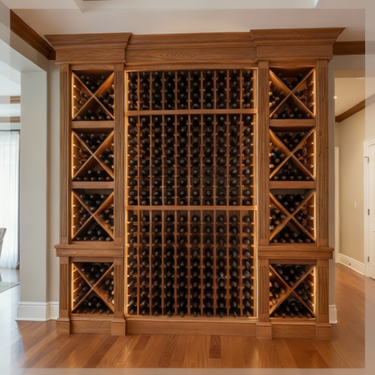 Wooden wine rack with bottles inside a home setting
