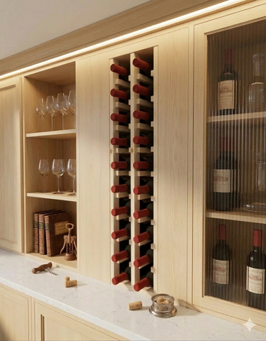 Wine rack in a wooden cabinet with wine bottles and glasses.