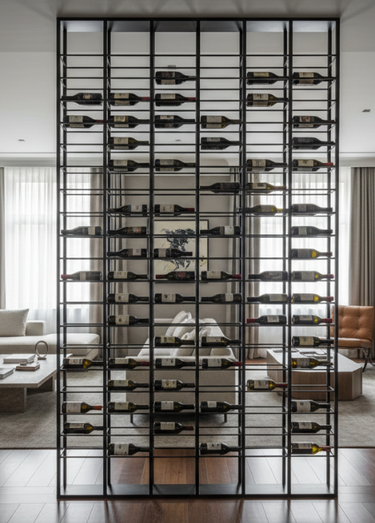 metal floor to ceiling wine rack placed as a room divider