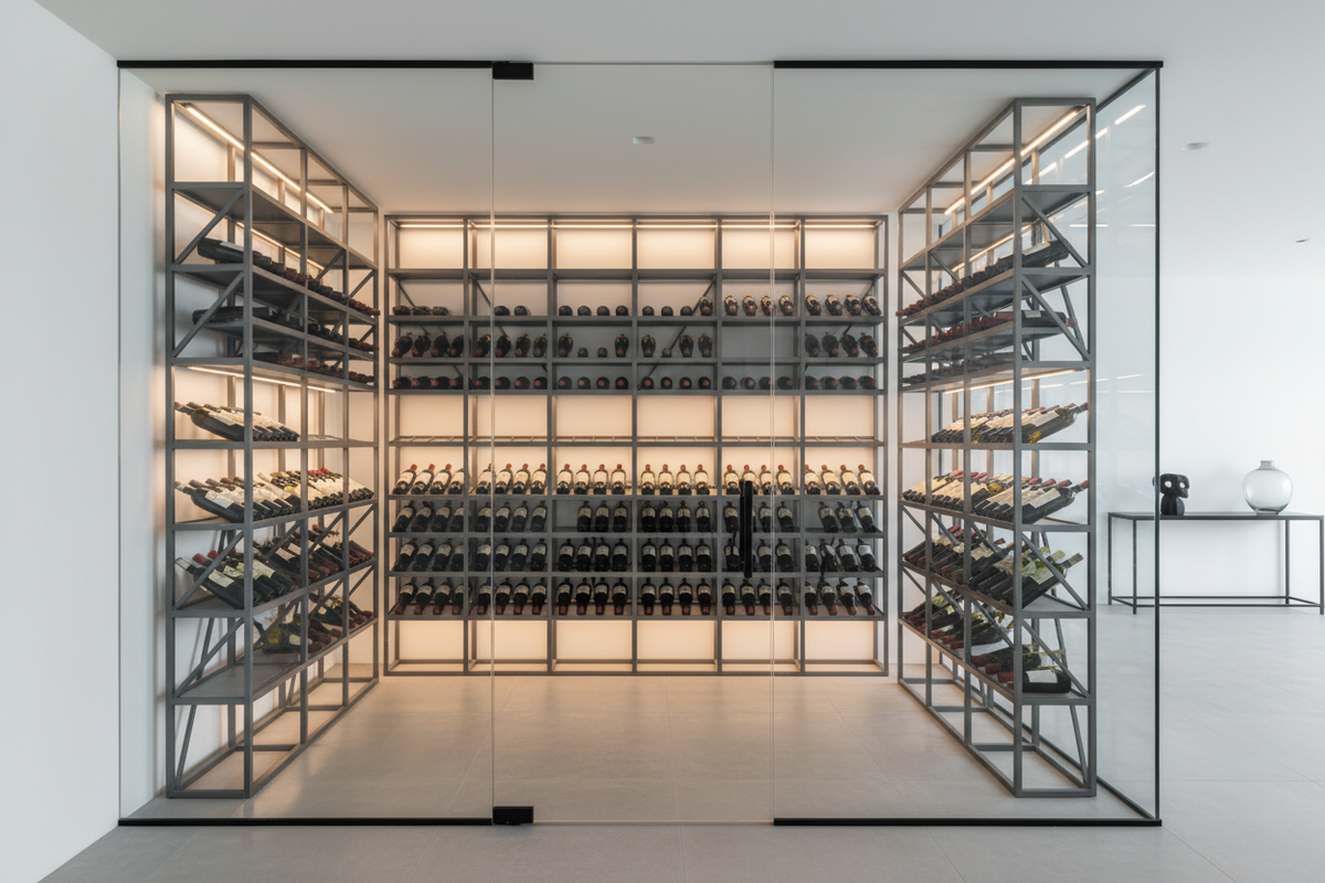 Modern minimalist wine room with metal racks and contemporary design