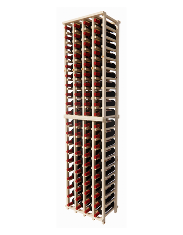 Side view of a 4 column pine wooden wine rack kit storing 80 bottles
