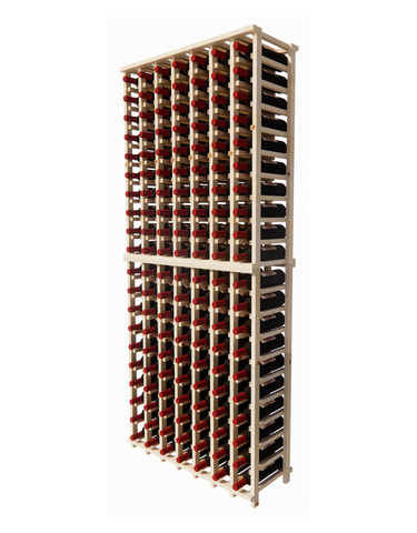 Side view of a 7 column pine wooden wine rack kit storing 140 bottles