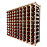 Side view of a 10 column pine wooden wine rack storing 100 bottles