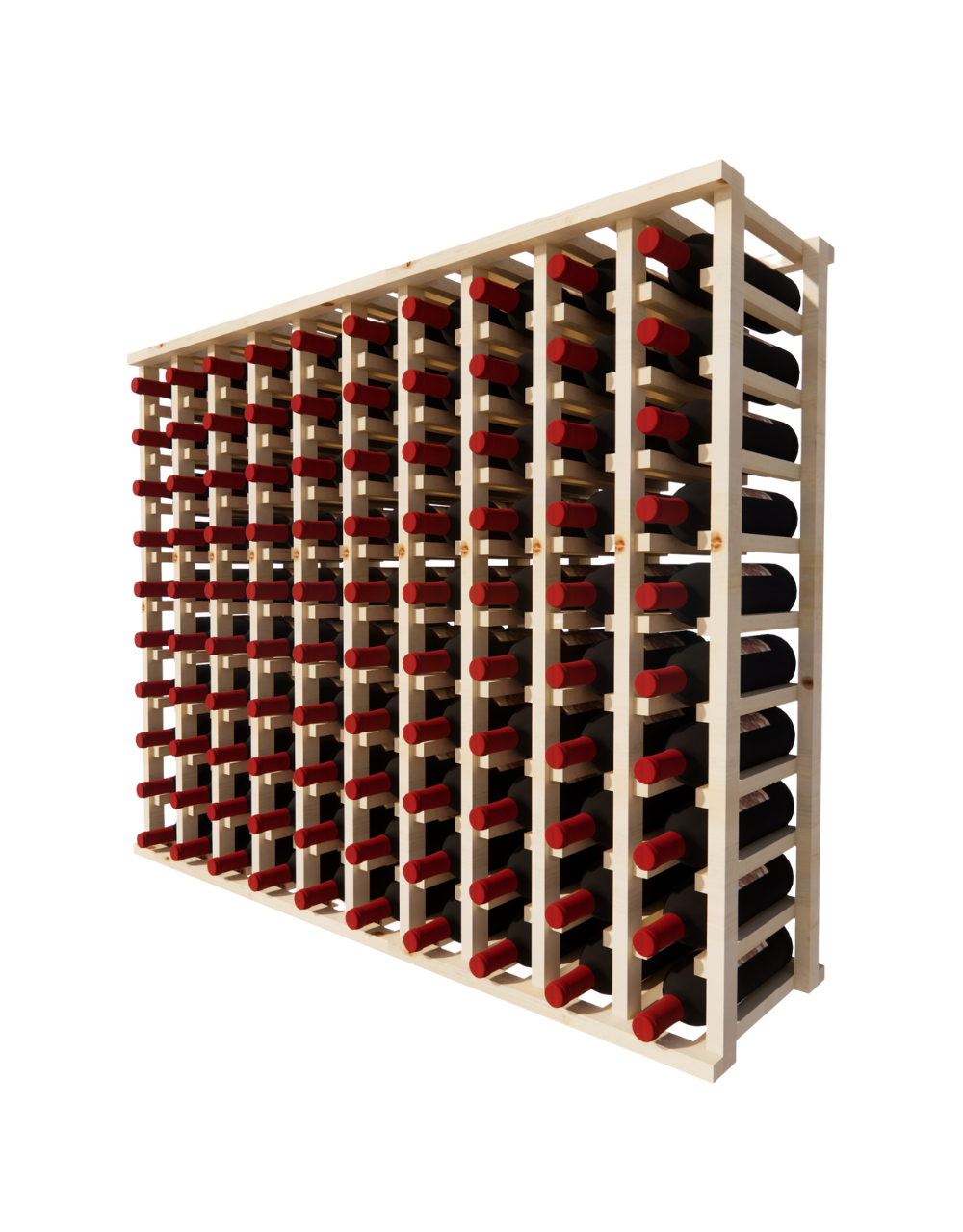 Side view of a 10 column pine wooden wine rack storing 100 bottles