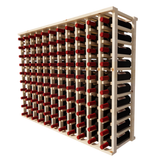 Side view of a 11 column pine wooden wine rack storing 110 bottles