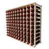 Side view of a 11 column pine wooden wine rack storing 110 bottles