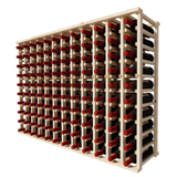 Side view of a 12 column pine wooden wine rack storing 120 bottles