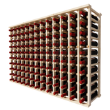 Side view of a 13 column pine wooden wine rack storing 130 bottles