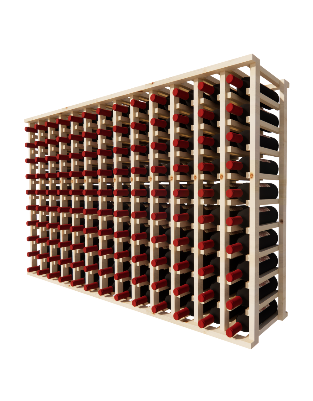 Side view of a 13 column pine wooden wine rack storing 130 bottles