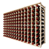 Side view of a 14 column pine wooden wine rack storing 140 bottles
