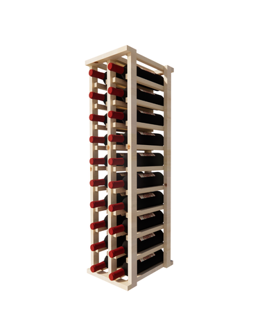 Side view of a 2 column pine wooden wine rack storing 20 bottles