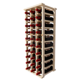 Side view of a 3 column pine wooden wine rack storing 30 bottles