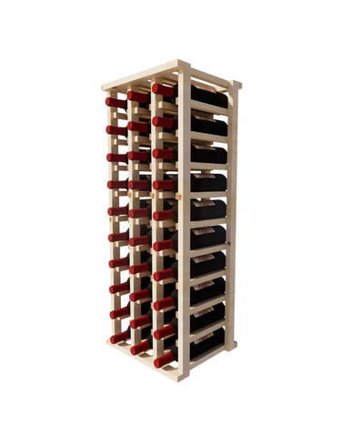 Side view of a 3 column pine wooden wine rack storing 30 bottles