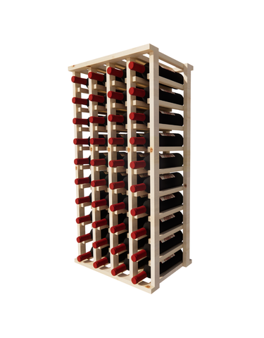 Side view of a 4 column pine wooden wine rack storing 40 bottles