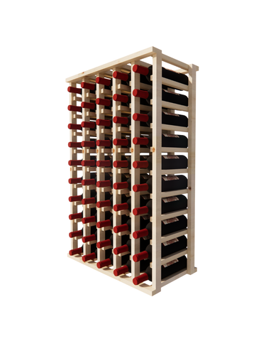 Side view of a 5 column pine wooden wine rack storing 50 bottles