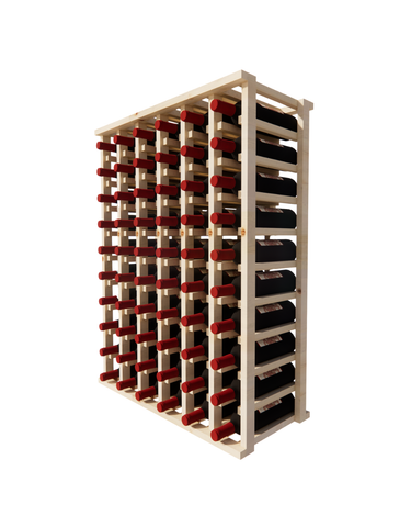Side view of a 6 column pine wooden wine rack storing 60 bottles