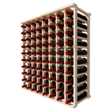 Side view of a 8 column pine wooden wine rack storing 80 bottles