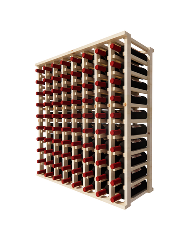 Side view of a 8 column pine wooden wine rack storing 80 bottles