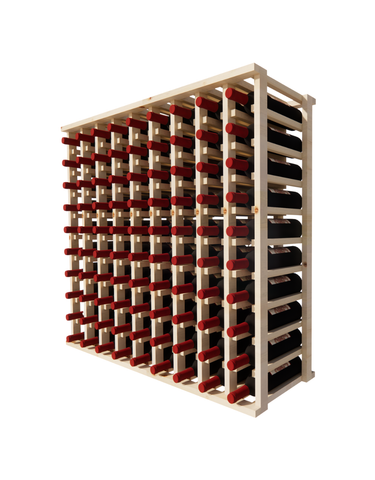 Side view of a 9 column pine wooden wine rack storing 90 bottles
