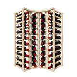 Side view of a curved corner pine wooden wine rack storing 40 bottles