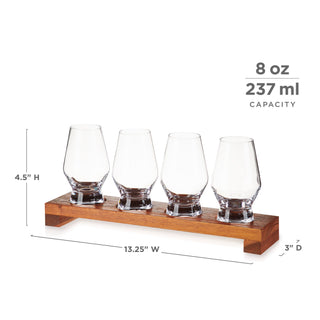 Crystal Spirit Glass Flight Set. 4 footed glasses and 1 serving board. 13.25" W x 4.5" H x 3" D