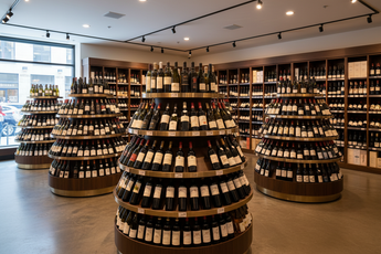 round wine bottle merchandisers in ny wine and liquor store