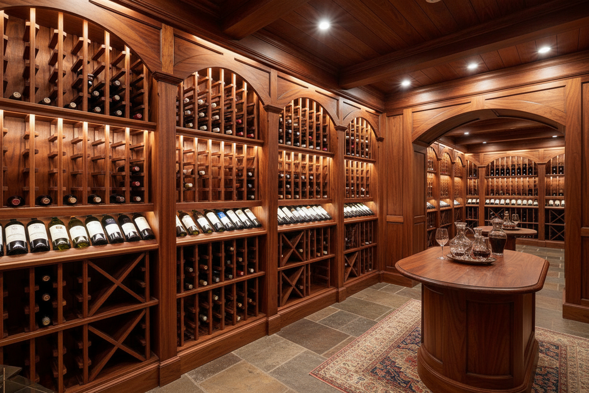 Traditional wood wine cellar with mahogany racks storing premium wine bottles