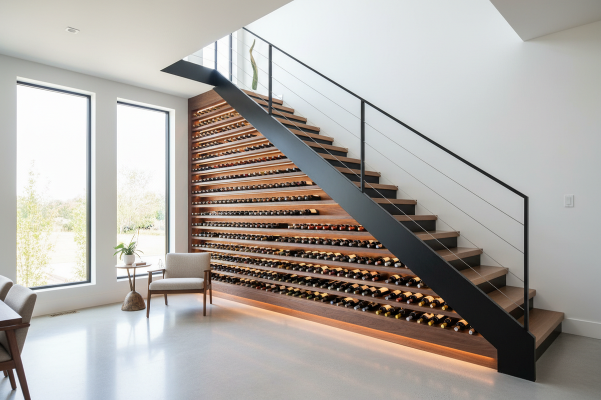 Custom under-stair wine cellar with wooden racks maximizing storage space