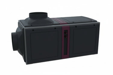 Black rectangular device with a red accent on a white background