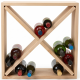 Wooden wine rack with bottles arranged in a criss-cross pattern on a white background