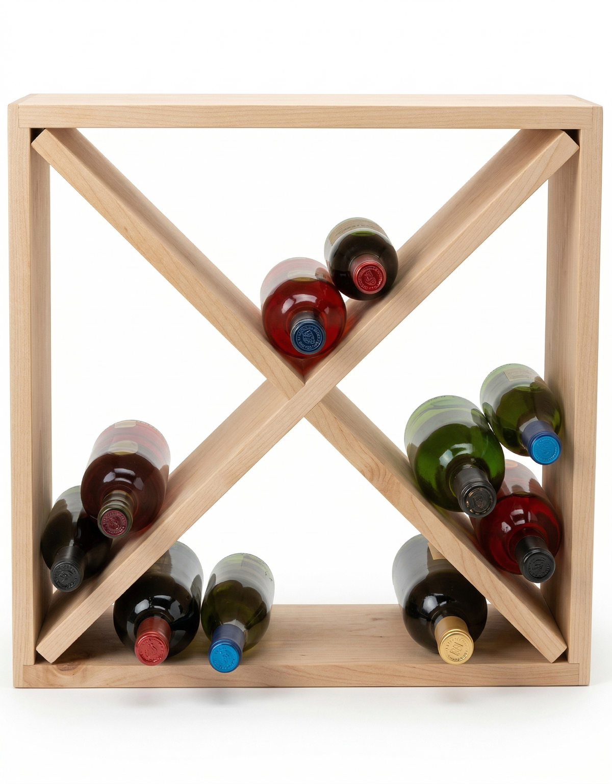 Wooden wine rack with bottles arranged in a criss-cross pattern on a white background