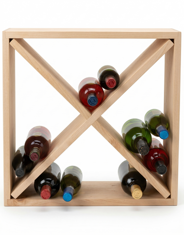 Wooden wine rack with bottles arranged in a criss-cross pattern on a white background