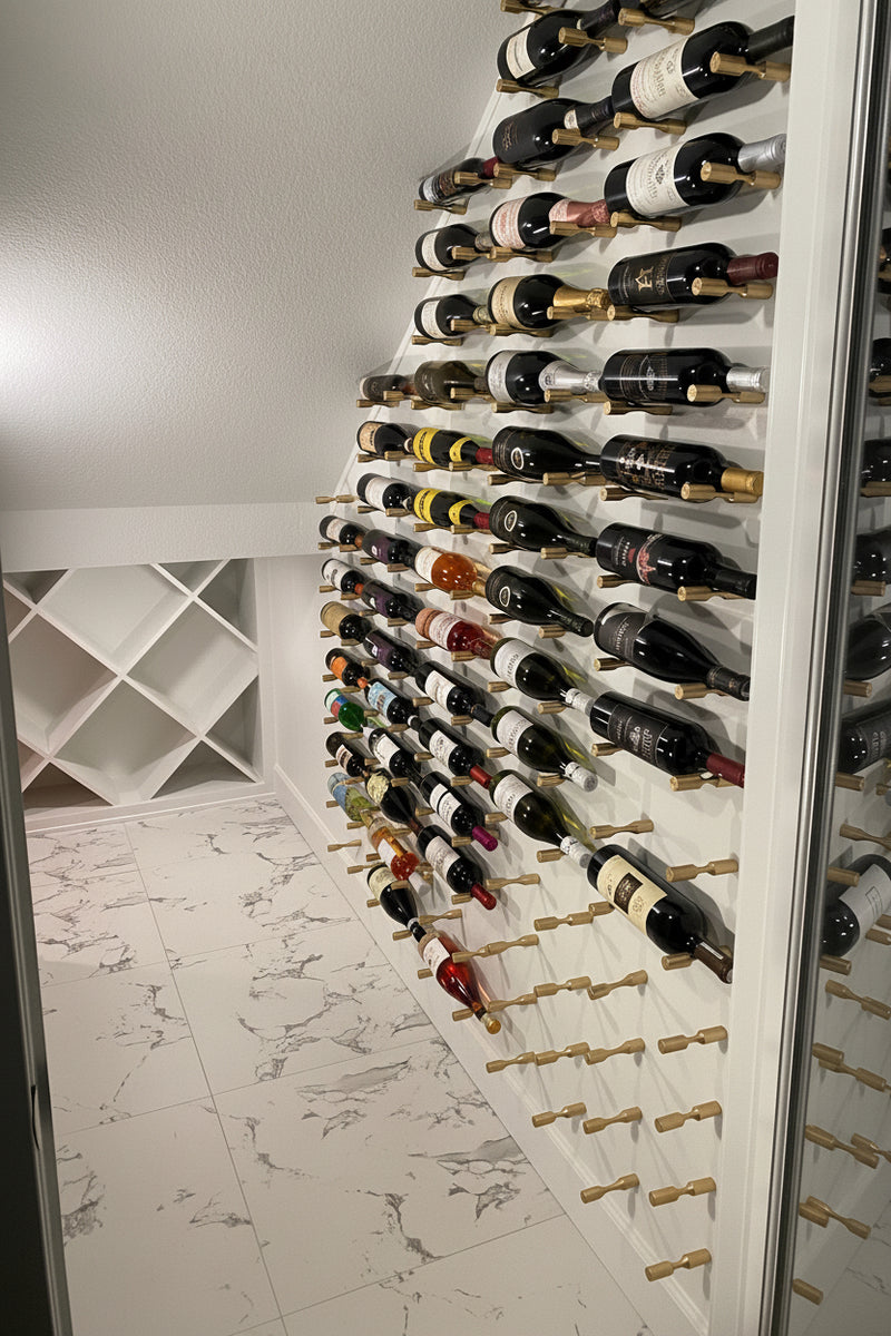 Wine bottles arranged on a wall-mounted rack in a modern kitchen.