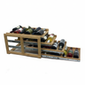 Wooden wine rack with multiple bottles of wine on a white background