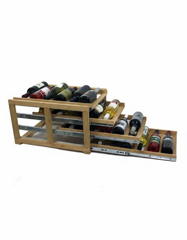 Wooden wine rack with multiple bottles of wine on a white background