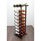 Wine rack with bottles on a wooden floor against a white wall