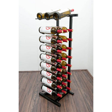 Wine rack with bottles on a wooden floor against a white wall