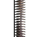 Tall black wine rack with multiple shelves on a white background